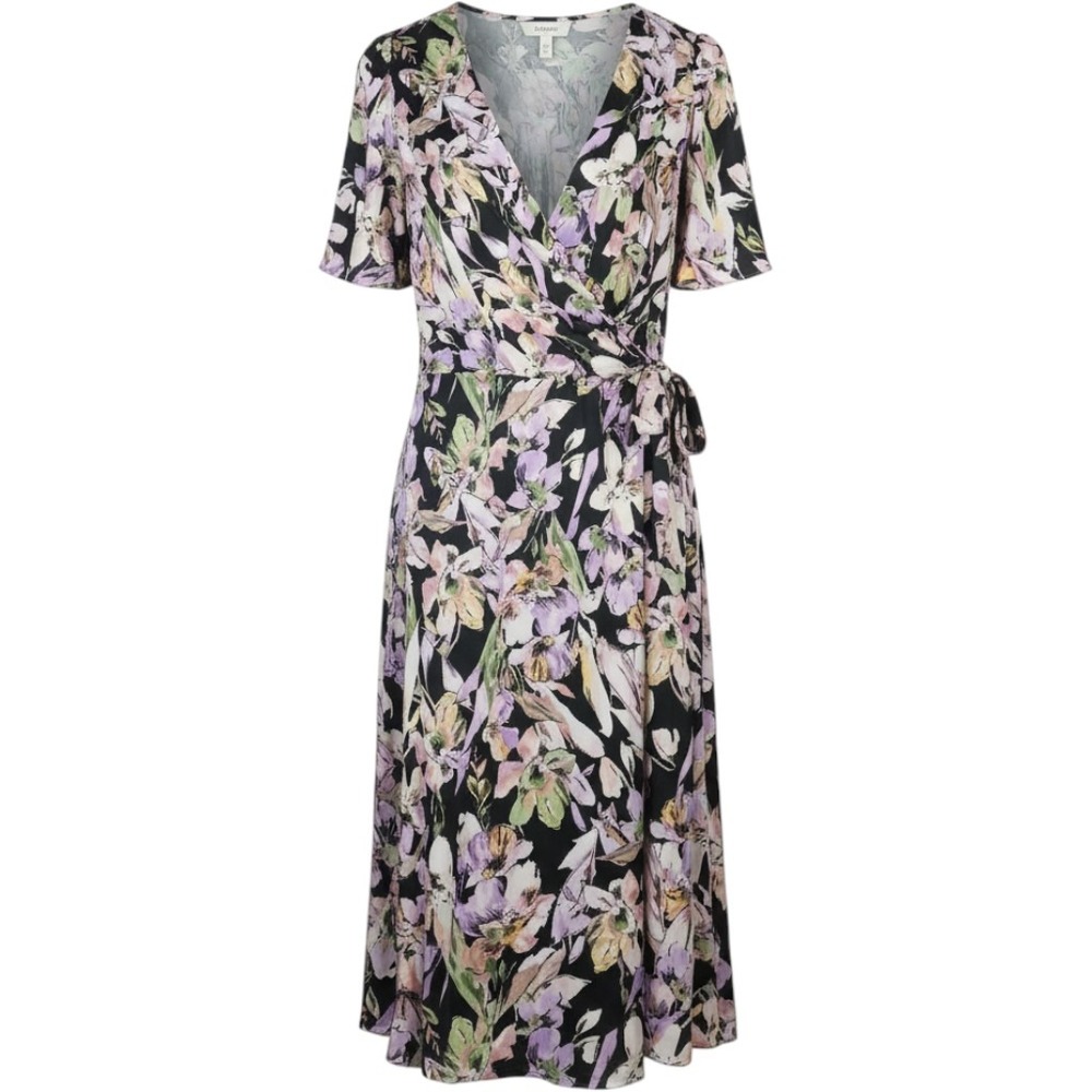 London Times Woman Floral Wrap Midi Dress Black Orchid 18W T6078W NWT